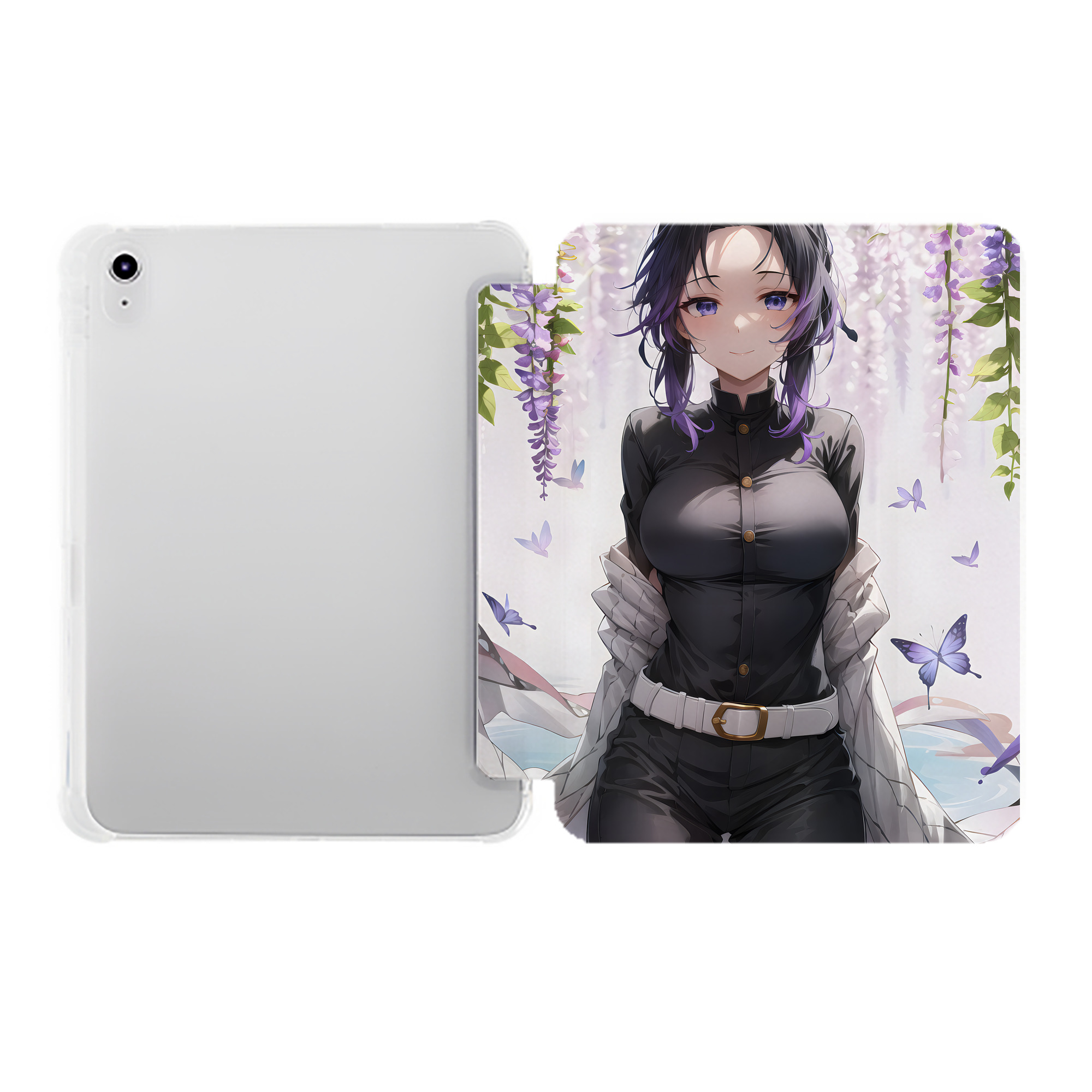 （画像用） 鬼滅の刃（きめつのやいば）蟲柱-胡蝶 しのぶ／こちょう しのぶ Kochou Shinobu IPad ケース ペン収納付き 三つ折りスタンド PUレザー×シリコン 対応機種9.5/10.5/10.9インチ